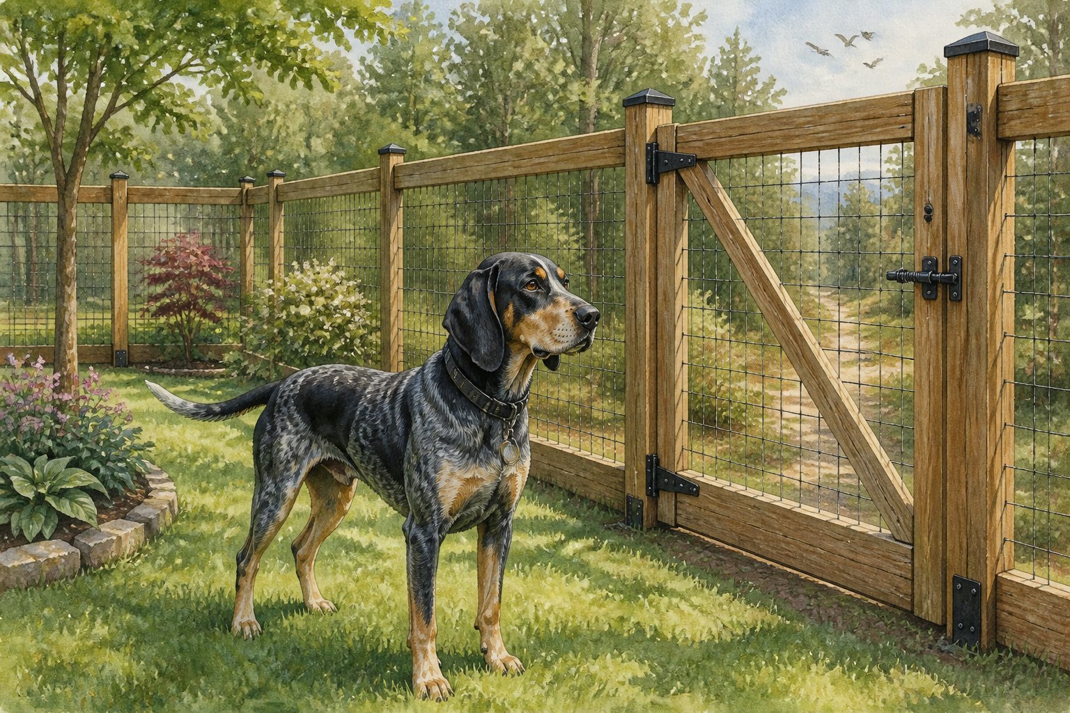 A Bluetick Coonhound stands safely inside a securely fenced backyard with a latched gate.
