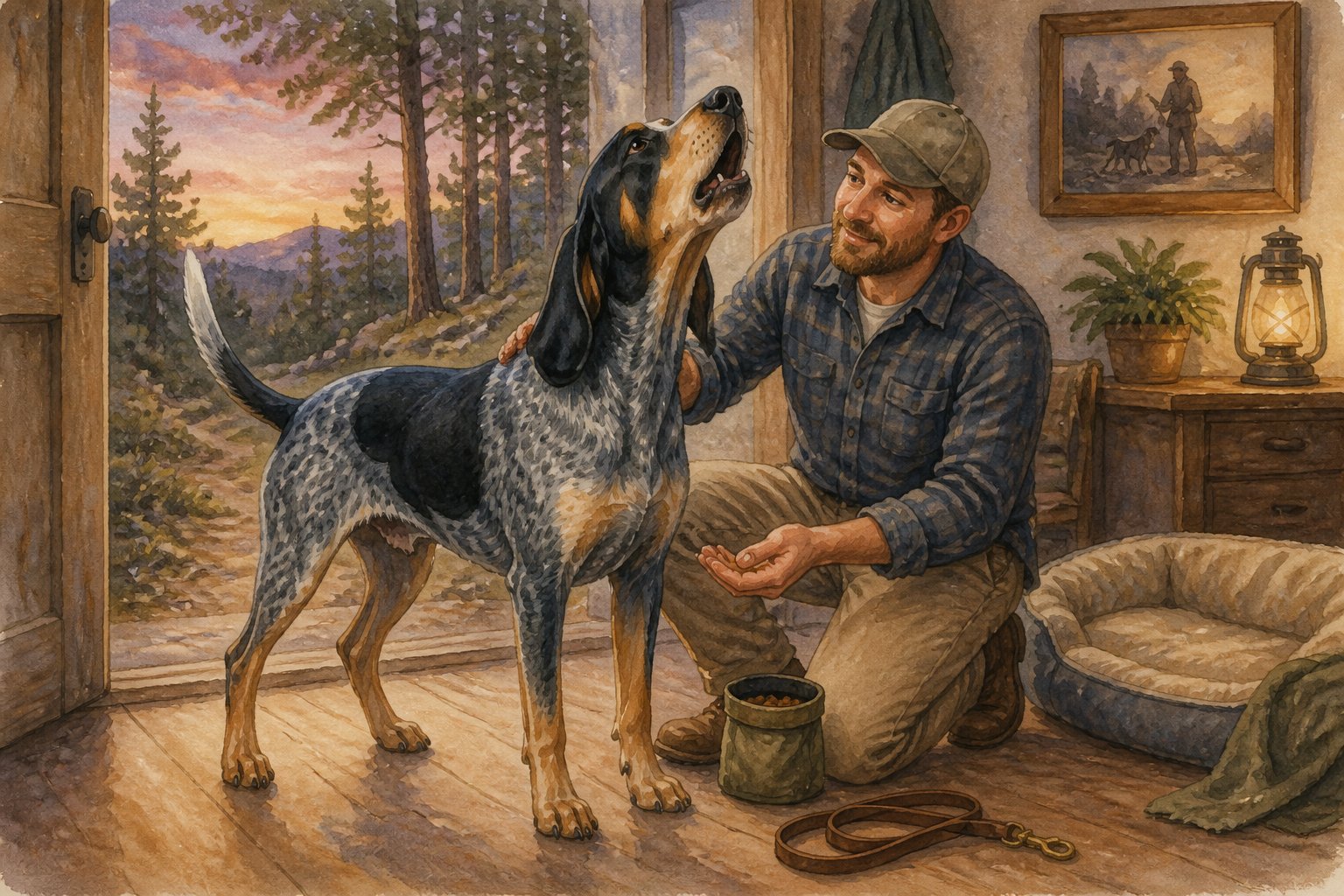 A Bluetick Coonhound stands by an open doorway while its owner calmly offers reassurance and treats.