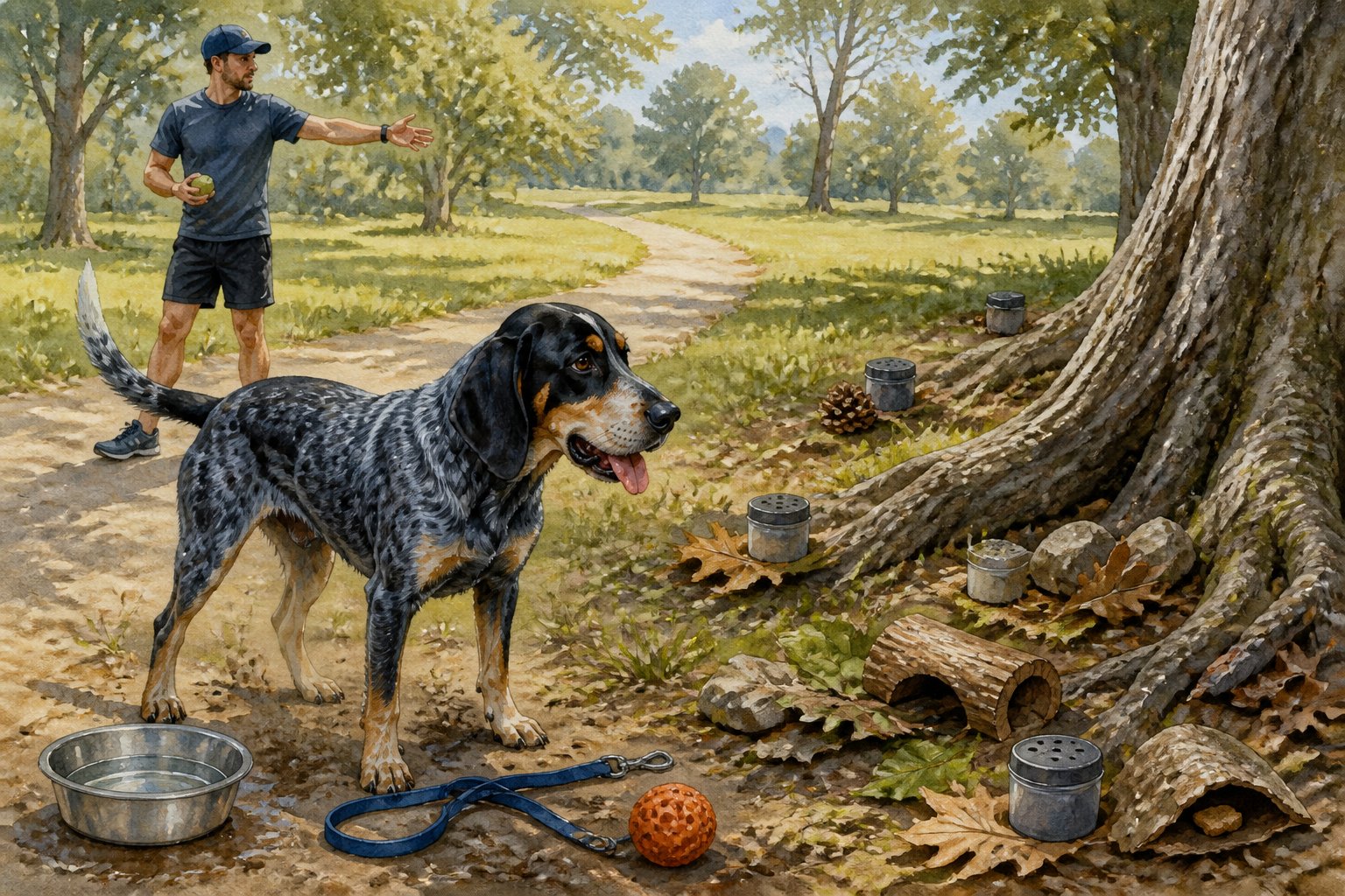 A Bluetick Coonhound stands beside an owner in a park, with exercise equipment and an unused scent-search area nearby.