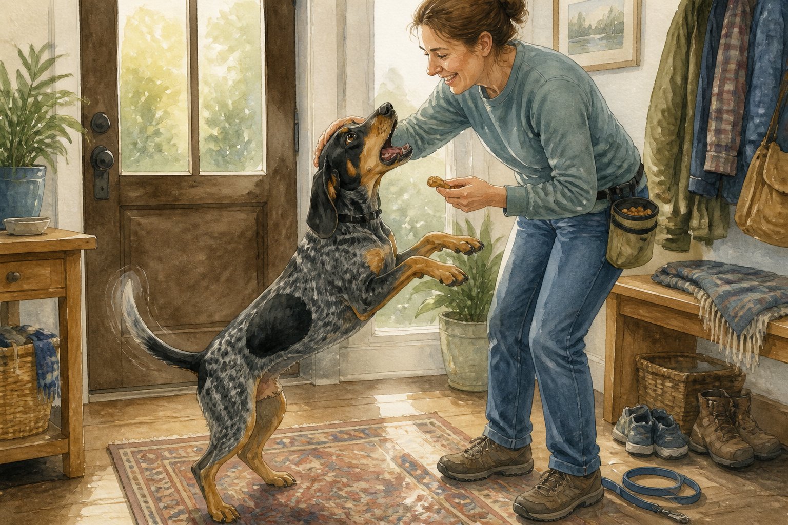 A Bluetick Coonhound jumps and barks excitedly while its owner pets it and offers a treat.