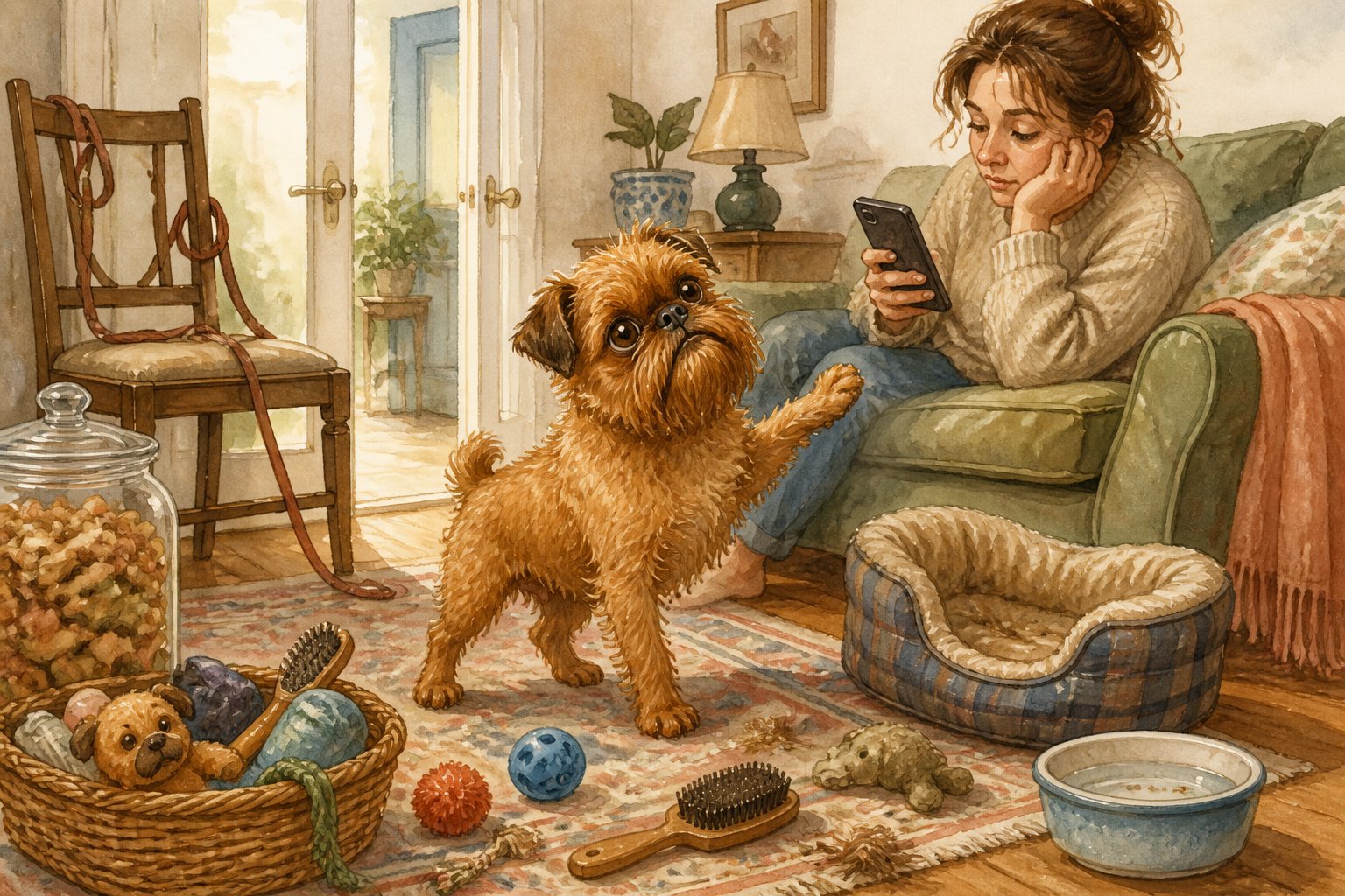 A Brussels Griffon stands in a cozy room surrounded by dog supplies and playful signs of common care mistakes while its owner looks on.