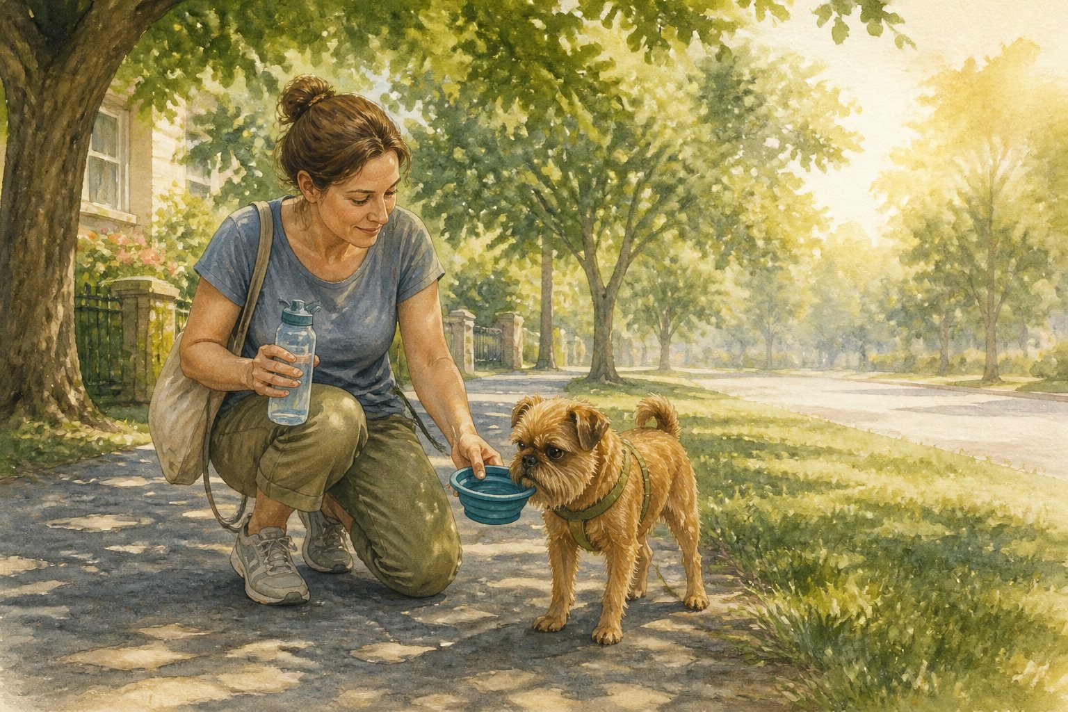 A Brussels Griffon walks with its owner along a shady path while the owner carries water and a collapsible bowl.