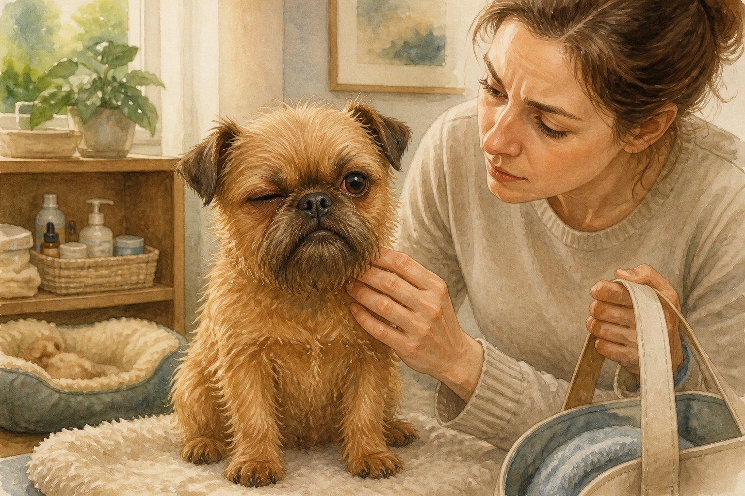 A concerned owner examines a Brussels Griffon with one red, watery, squinting eye.
