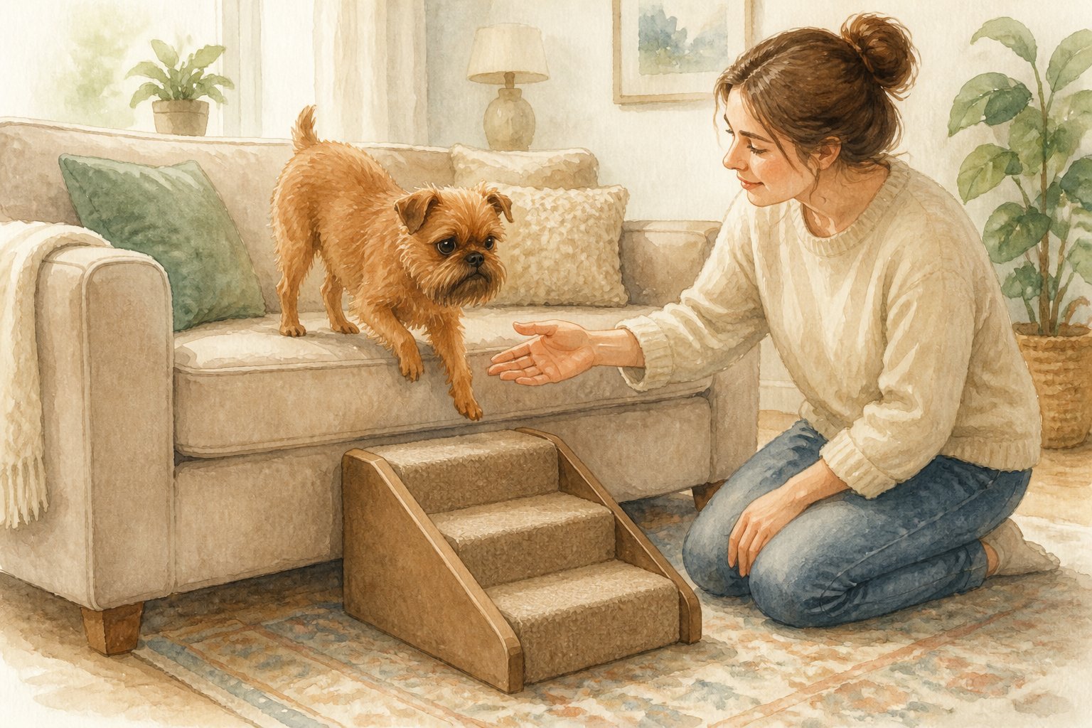 A Brussels Griffon pauses at the edge of a sofa while its owner guides it toward a nearby pet ramp.