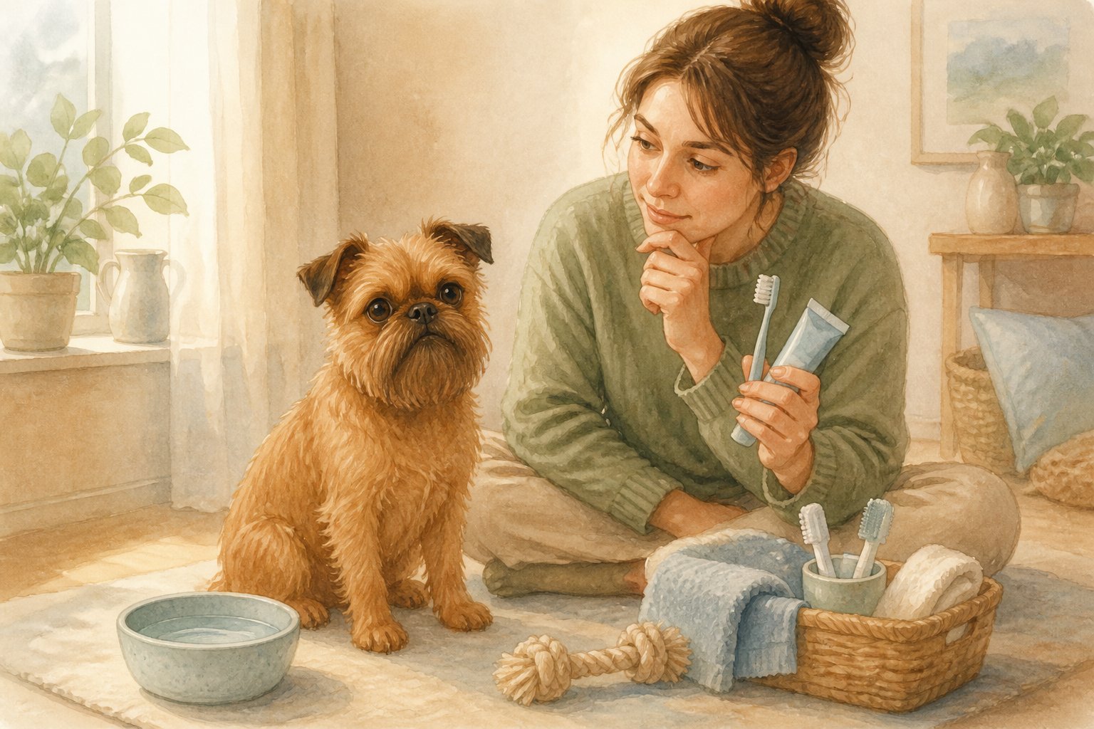 A Brussels Griffon sits beside its owner, who holds a dog toothbrush and pet toothpaste near a small dental-care kit.