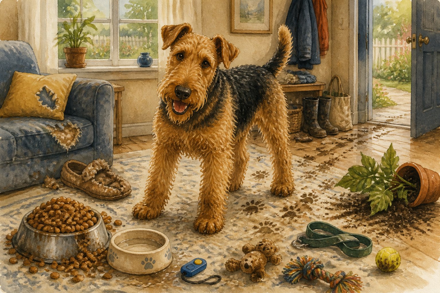 An energetic Airedale Terrier stands in a messy living room surrounded by scattered treats, a leash, a chewed slipper, muddy paw prints, and an overturned houseplant.
