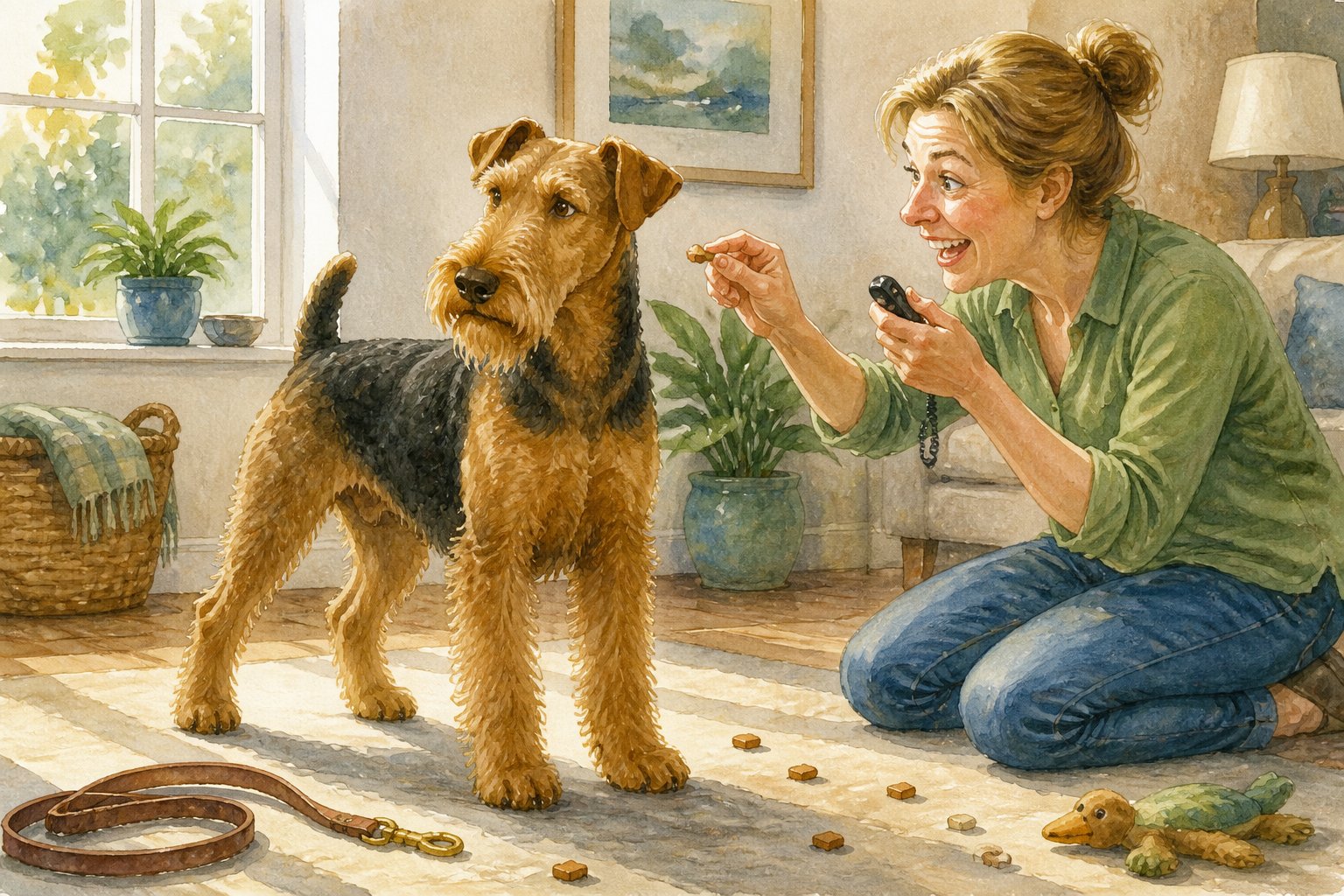An owner enthusiastically offers treats to an independent Airedale Terrier during a training session.