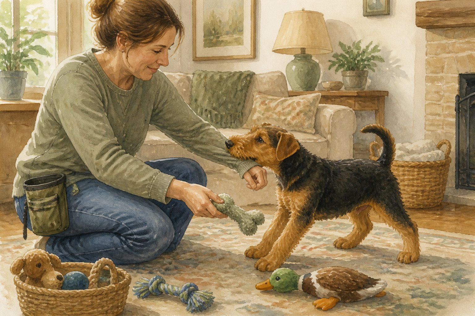 A young Airedale Terrier puppy nips an owner’s sleeve while the owner redirects it to a chew toy.