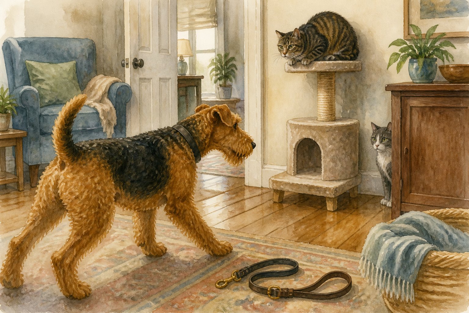 An Airedale Terrier approaches two cautious cats inside a home while the owner is absent.