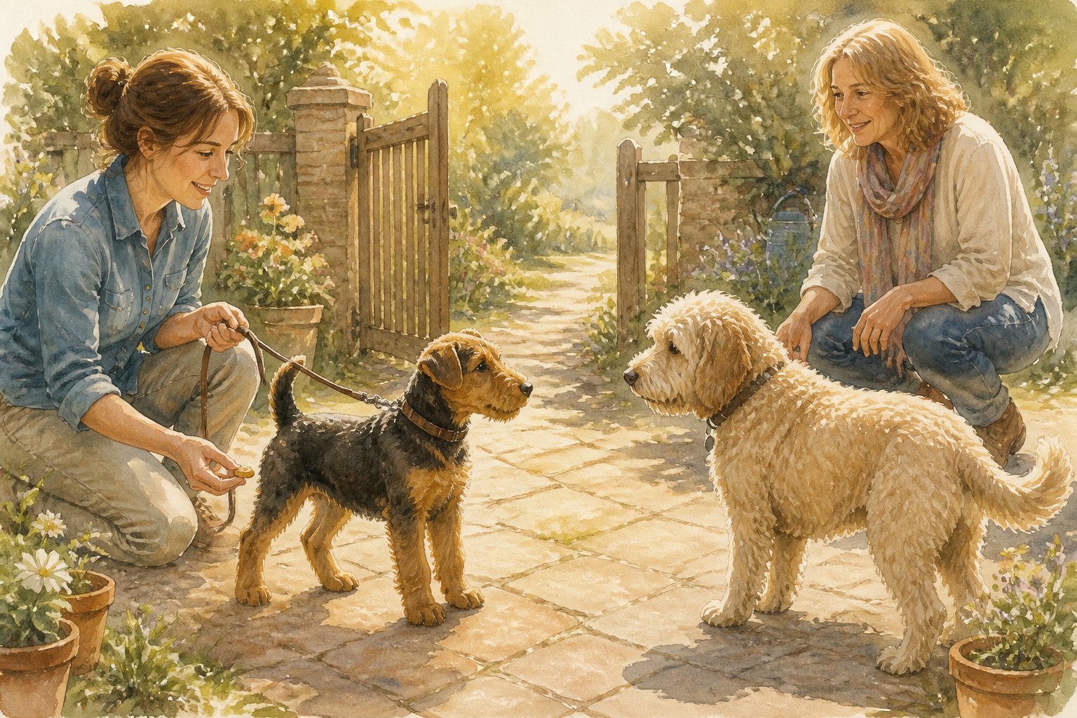 An Airedale Terrier puppy calmly meets a visitor and another dog while its owner supervises.