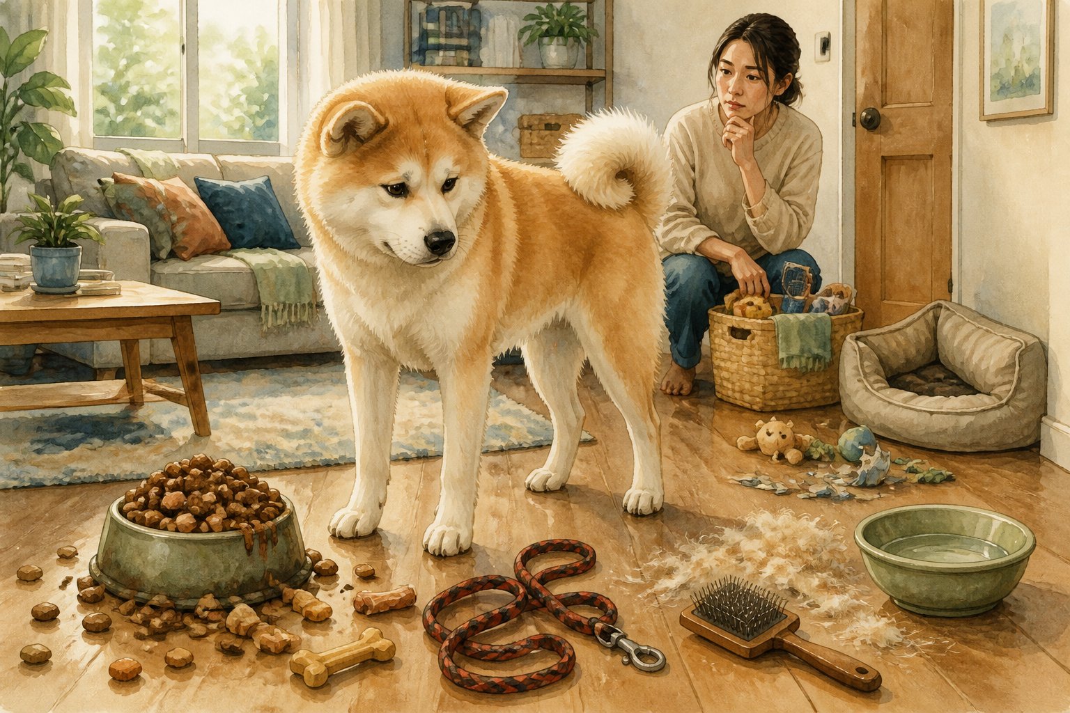 An Akita Inu stands in a home surrounded by visual signs of common care and training mistakes while its owner notices and addresses them.