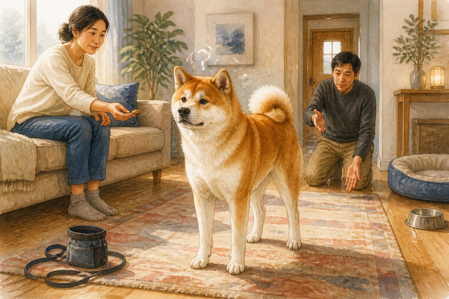 An Akita Inu looks confused while two people give different directions in a living room.
