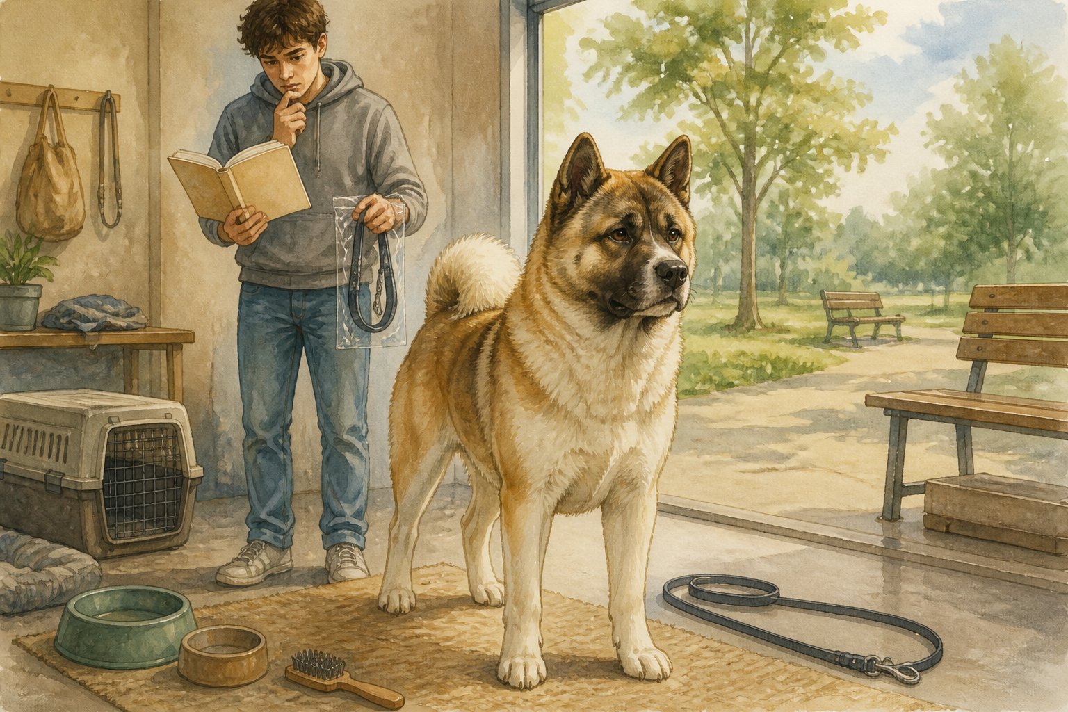 A first-time dog owner studies a care guide beside an Akita Inu in a quiet training area with unused dog supplies.