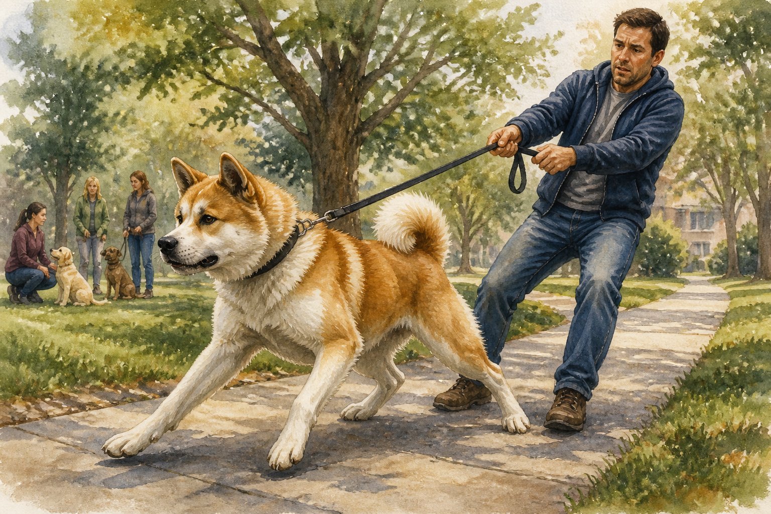 A large Akita Inu pulls hard on its leash while its owner struggles to control it on a park path.
