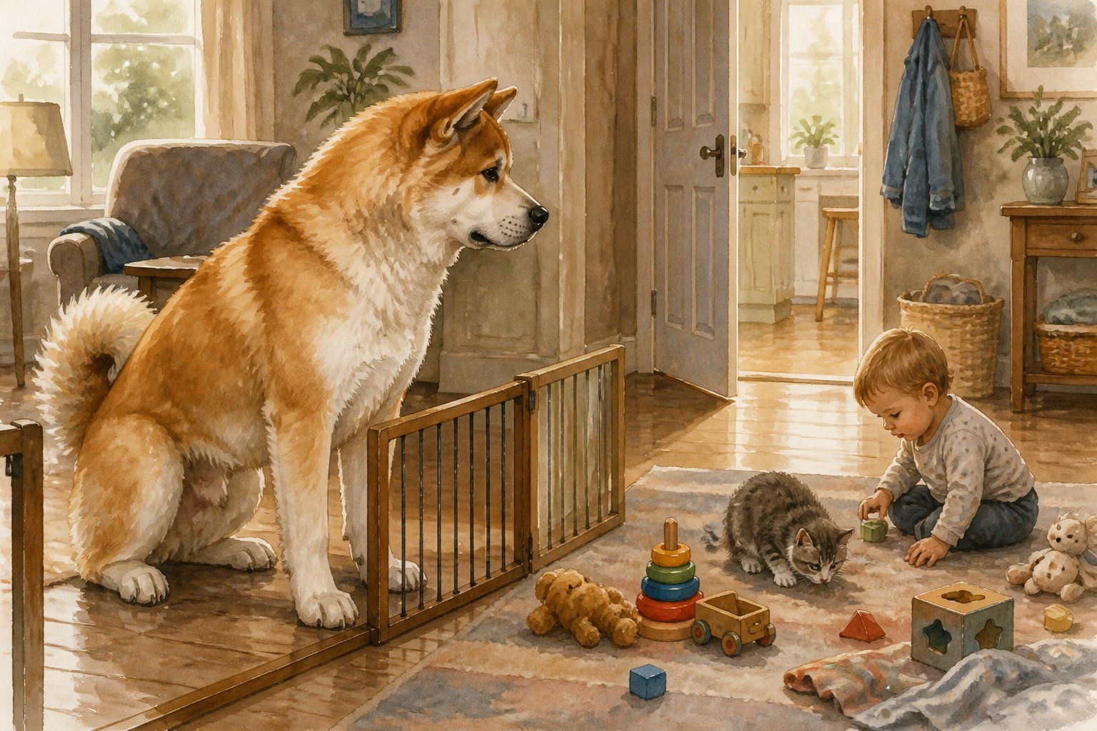An Akita Inu stands near a young child and a small pet in a home while an adult is absent.