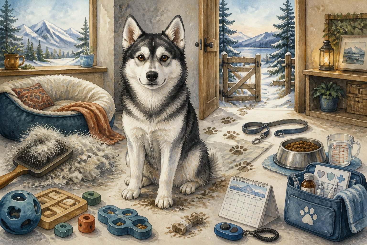 An Alaskan Klee Kai sits in a cozy home surrounded by grooming, training, exercise, feeding, and veterinary care items.