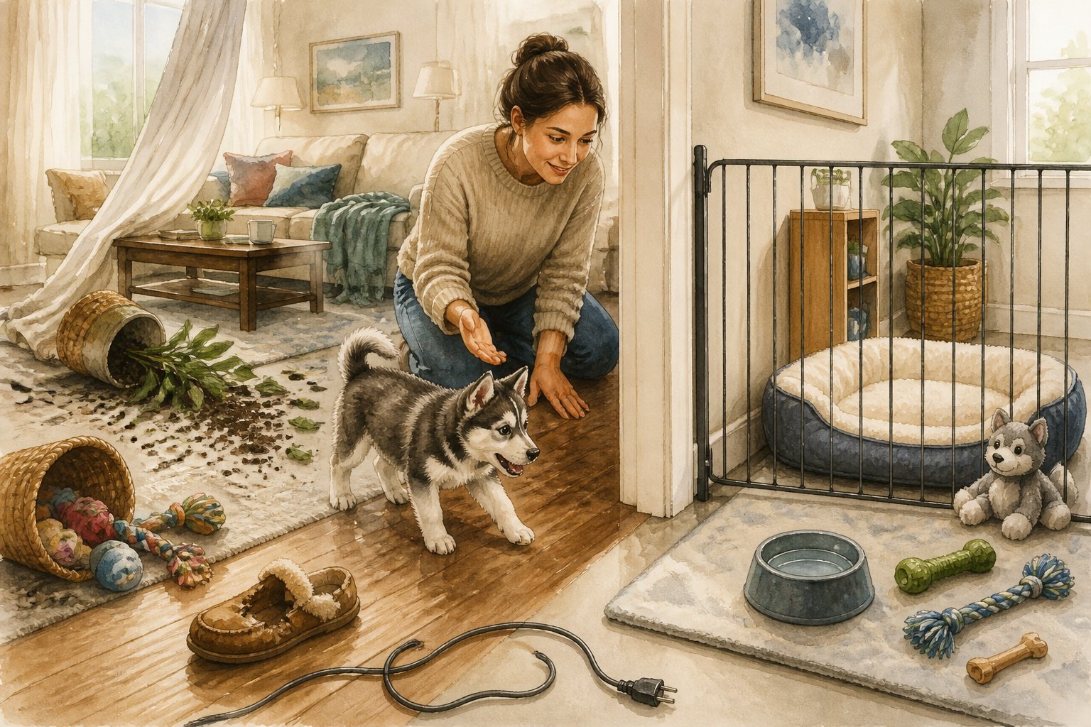 A new Alaskan Klee Kai puppy explores a house while its owner guides it toward a gated, puppy-safe area.