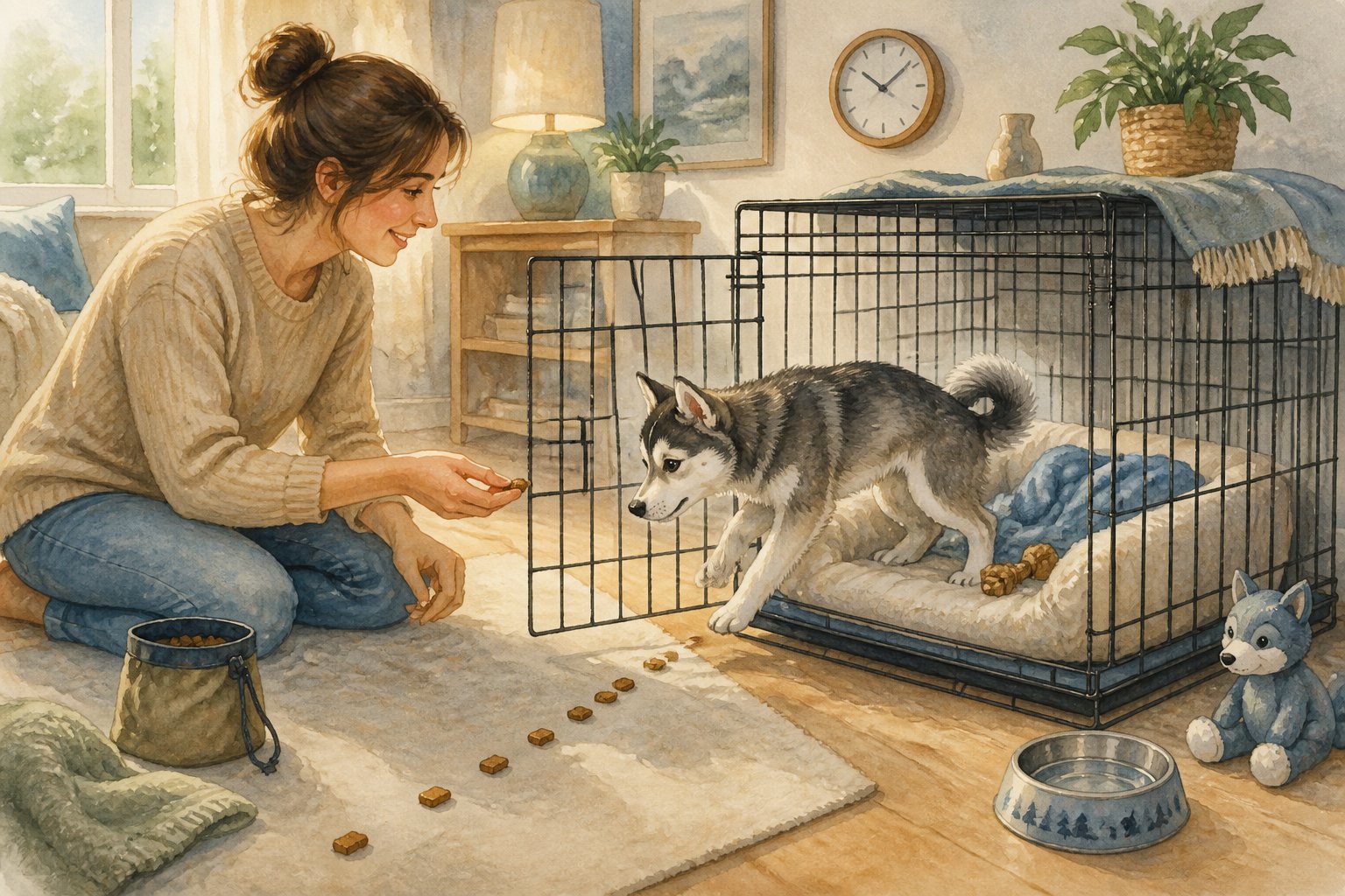 An owner gently rewards an Alaskan Klee Kai puppy near an open, comfortable crate in a calm home.
