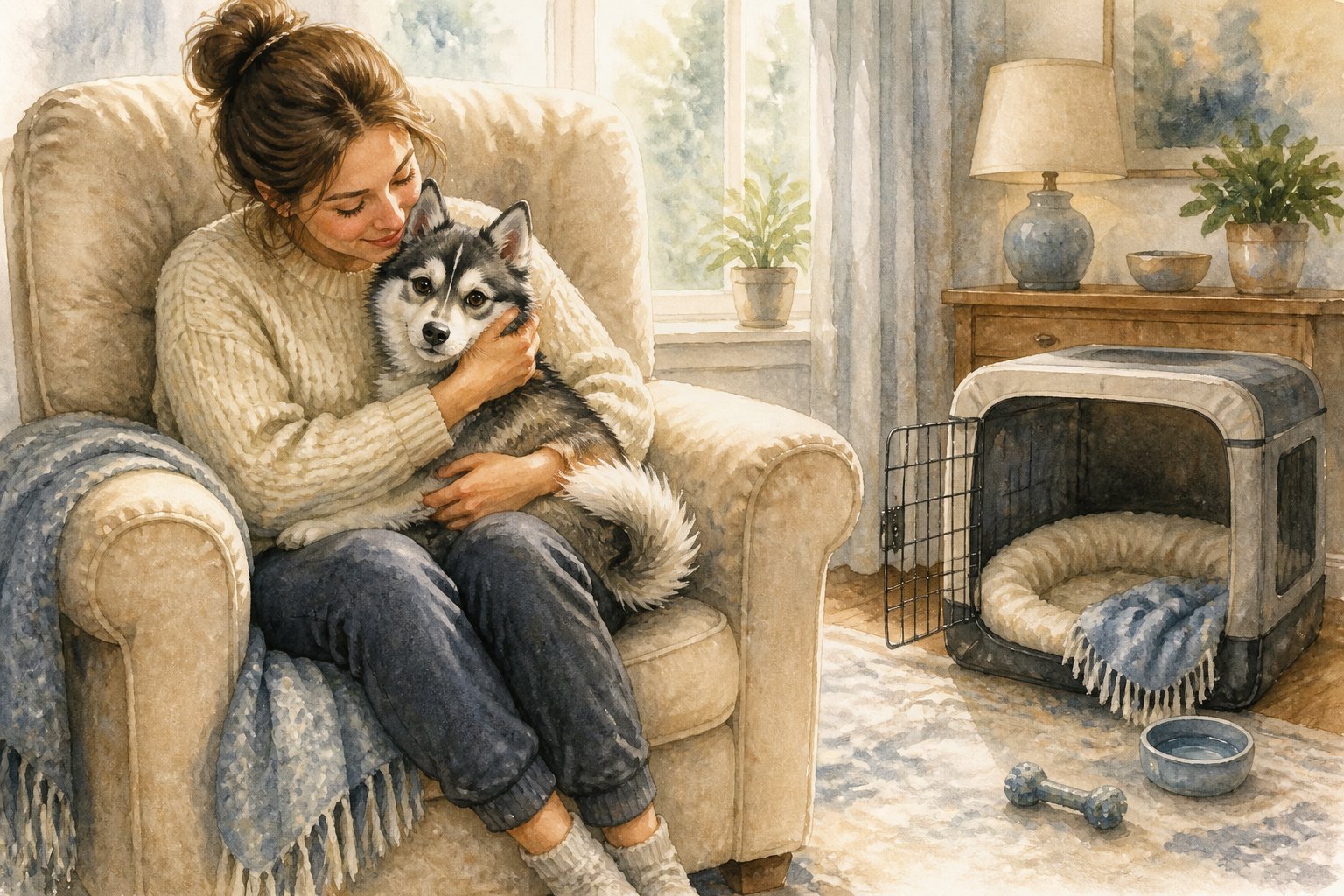 An owner cuddles an Alaskan Klee Kai on their lap while an inviting dog bed sits unused nearby.