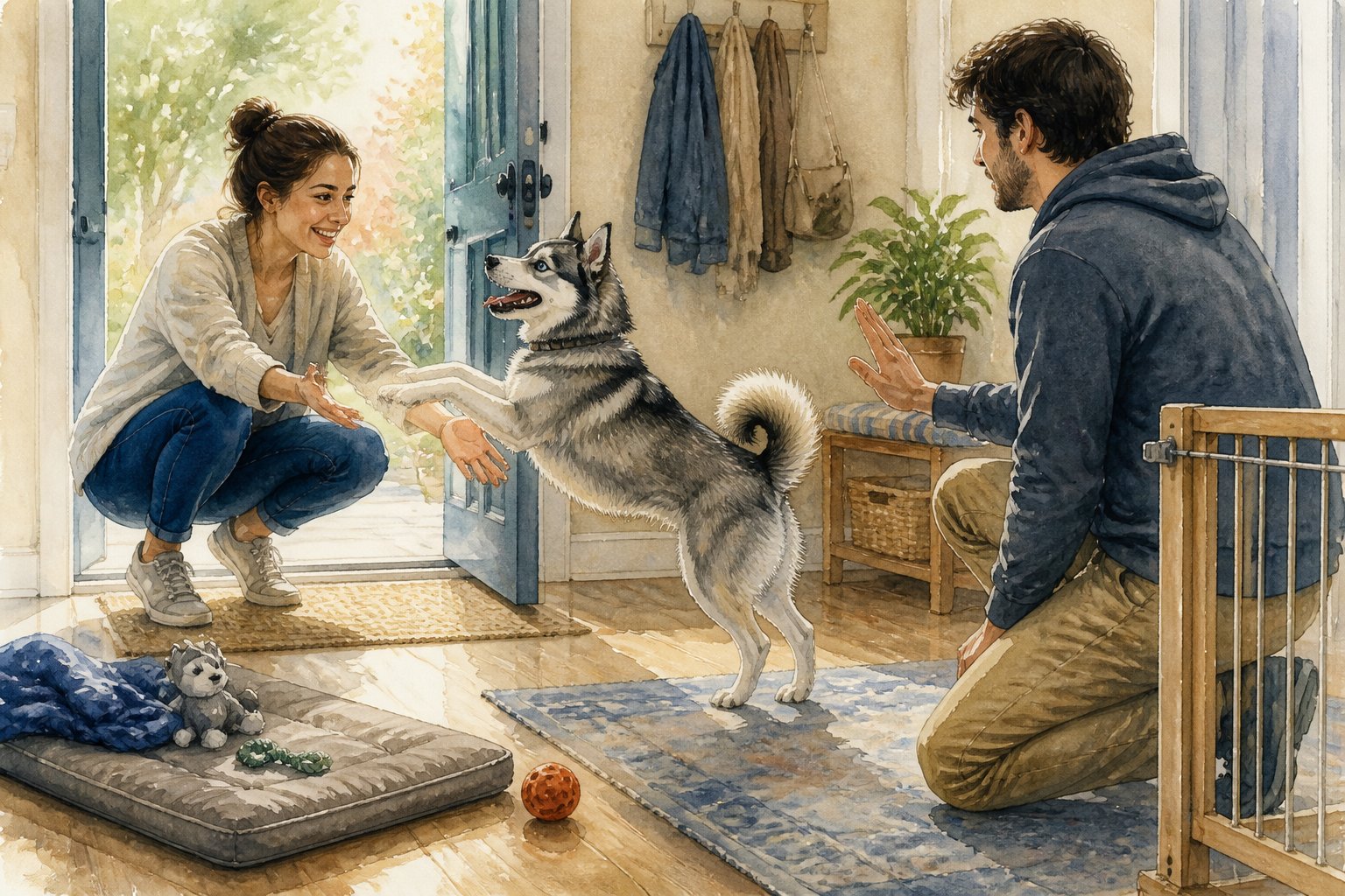 An Alaskan Klee Kai jumps near two household members who give different signals about expected behavior in an entryway.