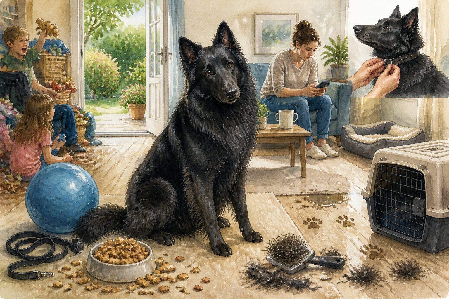 A black Belgian Shepherd stands in a home surrounded by objects symbolizing common pet ownership mistakes.