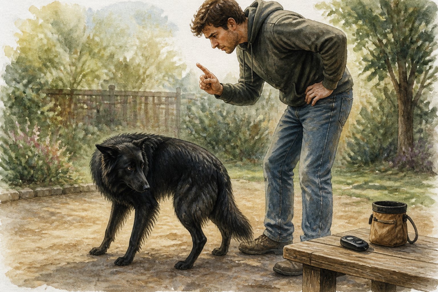 A stern owner looms over a nervous black Belgian Shepherd while treats and a clicker sit unused nearby.