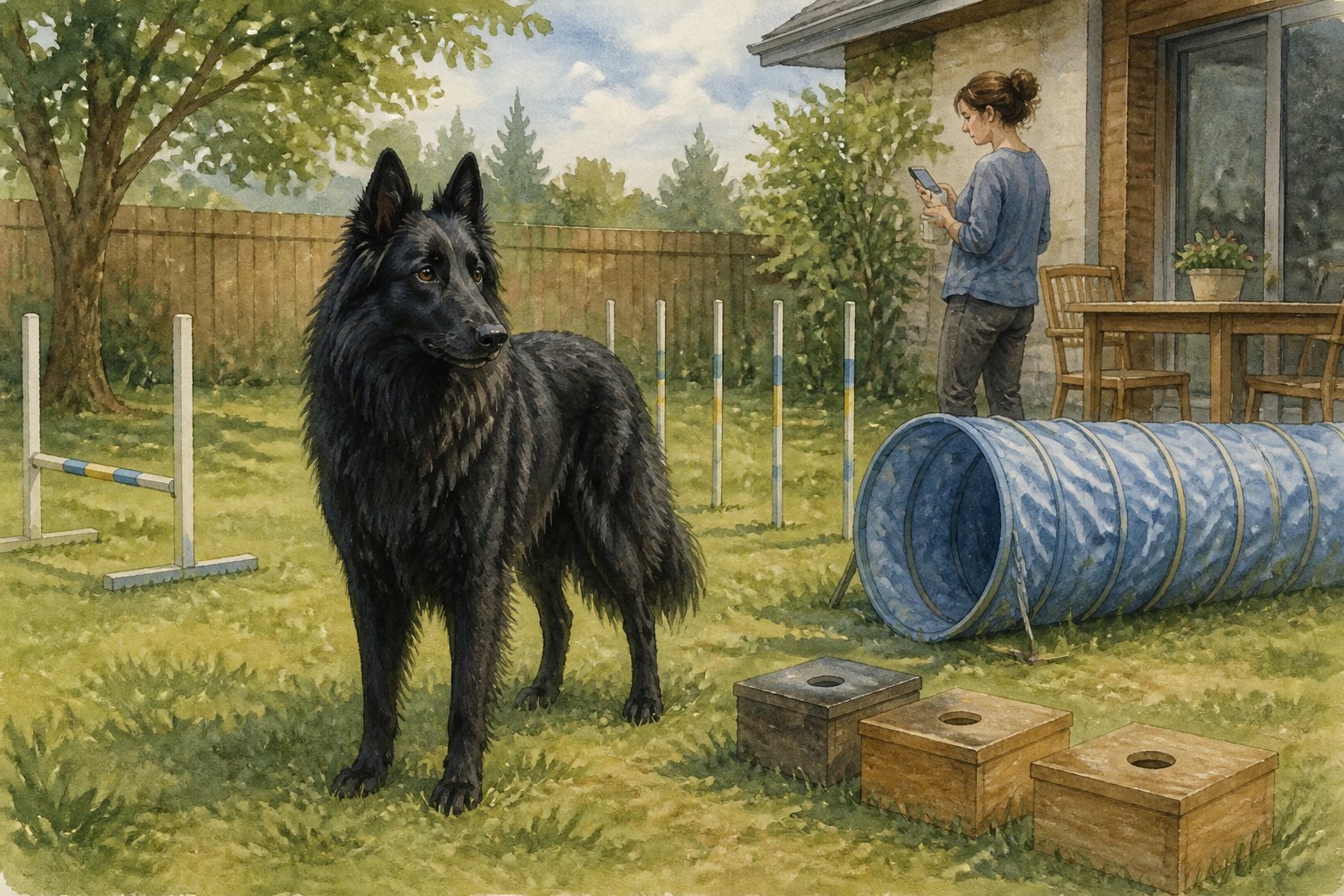 A Belgian Shepherd stands beside unused agility equipment while its distracted owner looks at a phone.