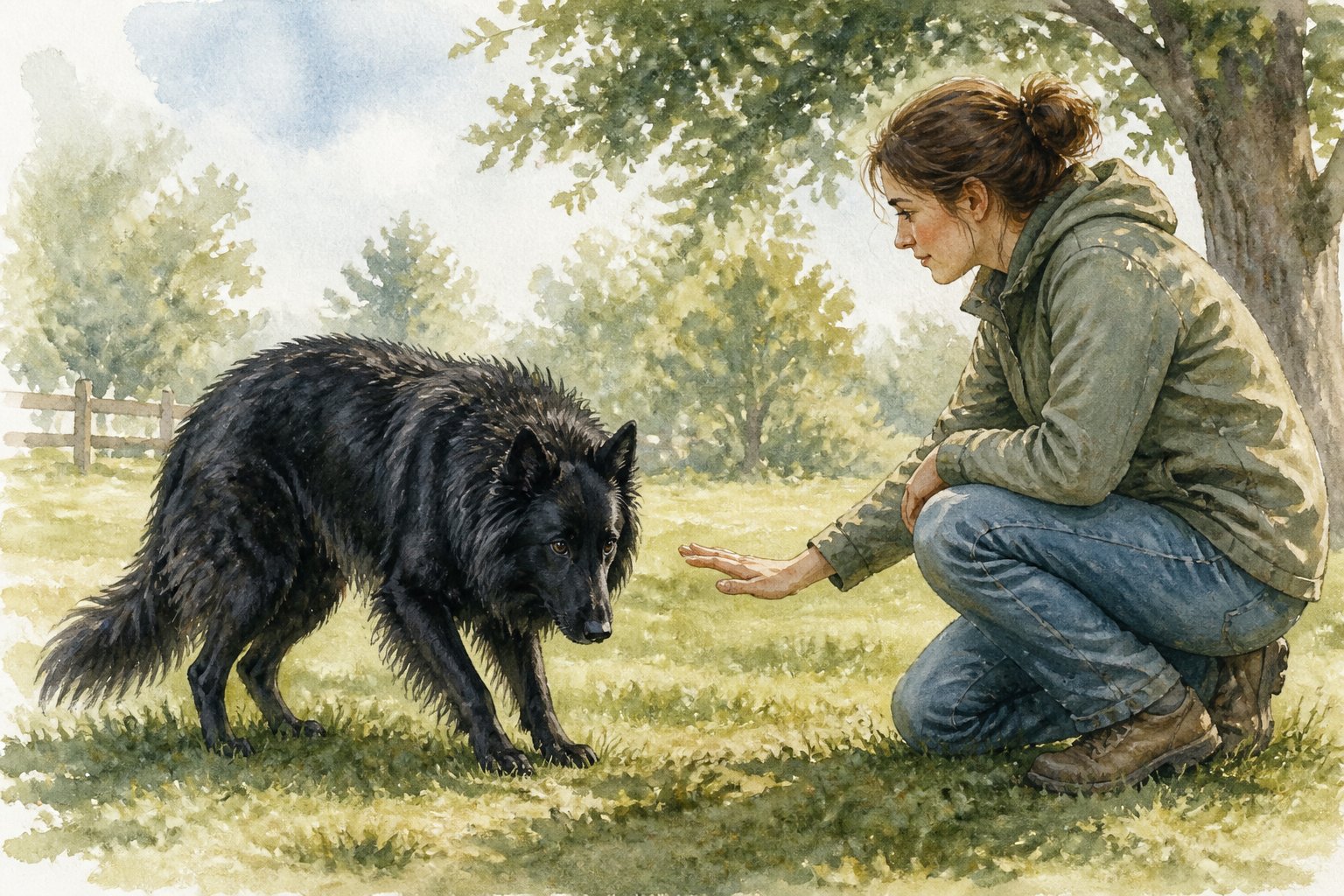 A worried black Belgian Shepherd lowers its head while a handler reaches toward it gently in a grassy training area.