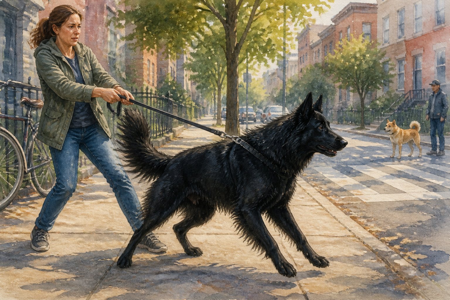 A black Belgian Shepherd pulls tensely on its leash while its owner struggles to keep balance on a busy sidewalk.