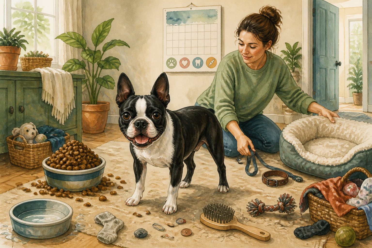 A Boston Terrier sits in a home surrounded by objects representing common pet-care mistakes while its owner prepares to correct them.