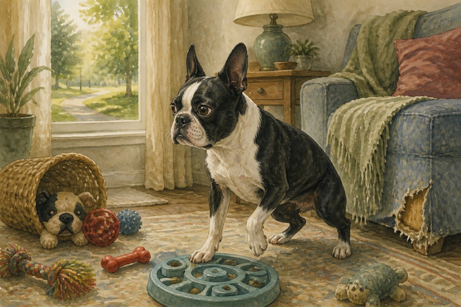 A bored Boston Terrier sits indoors beside unused toys and a puzzle feeder while looking toward a bright window.