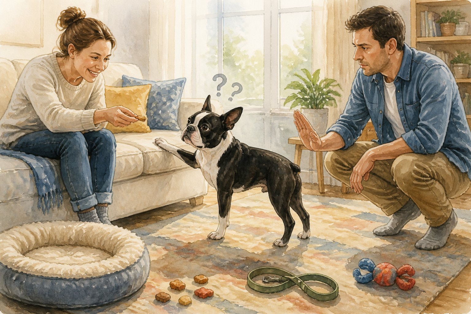 A confused Boston Terrier stands between two owners giving different instructions in a living room.