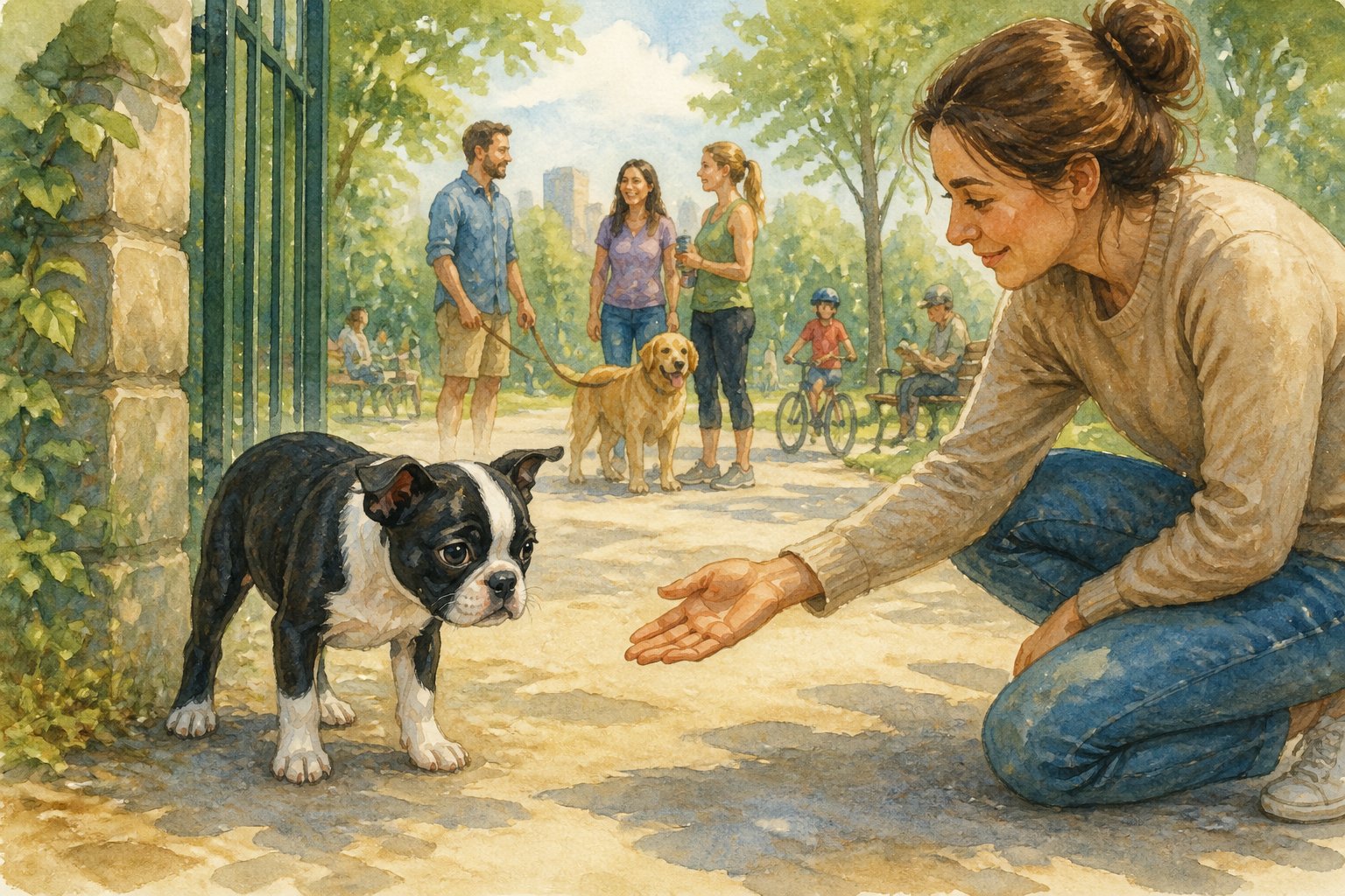 A hesitant Boston Terrier puppy stands near a park entrance while its owner offers reassurance and nearby people and dogs remain at a distance.