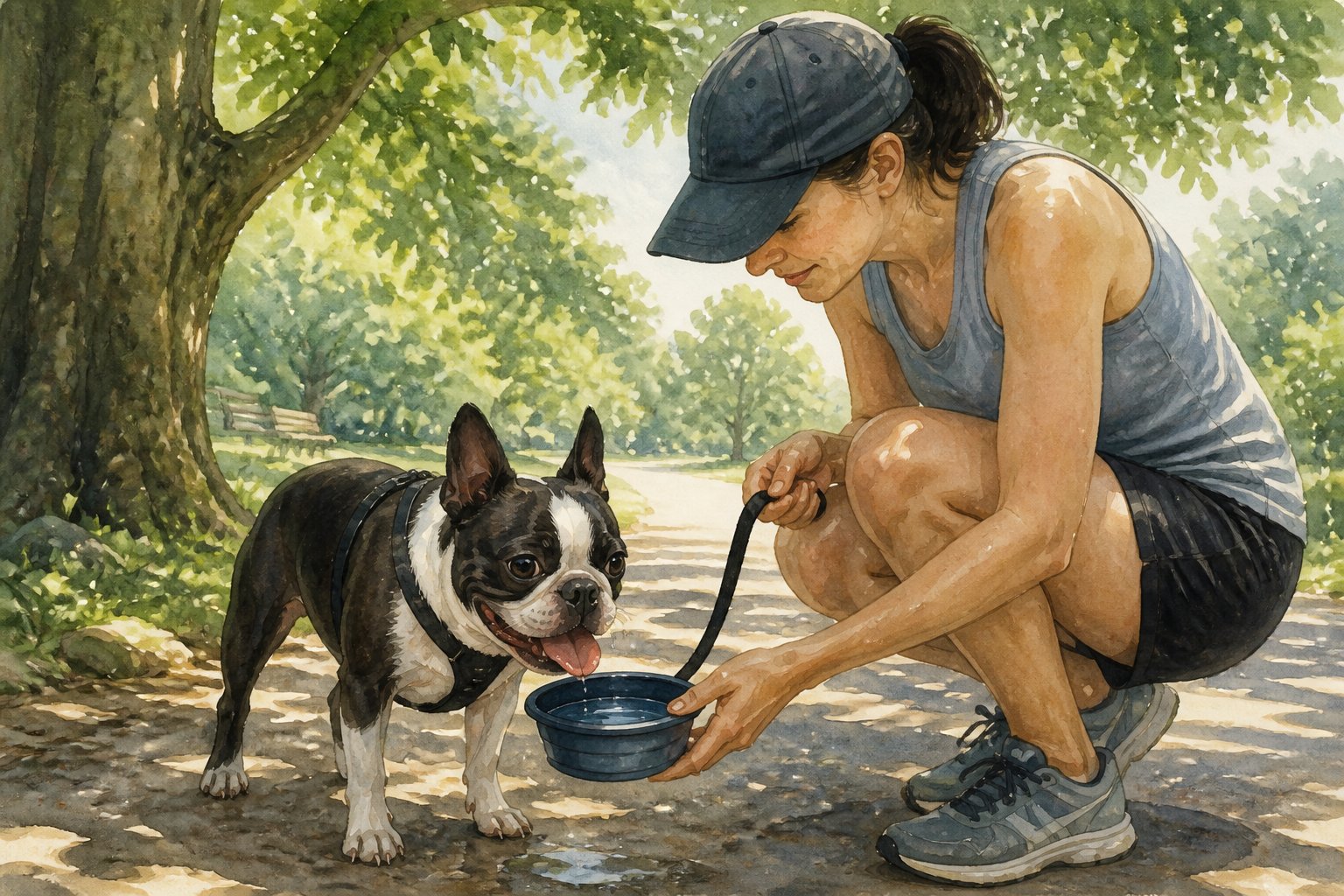 A tired Boston Terrier rests in the shade while its owner offers it water on a hot day.