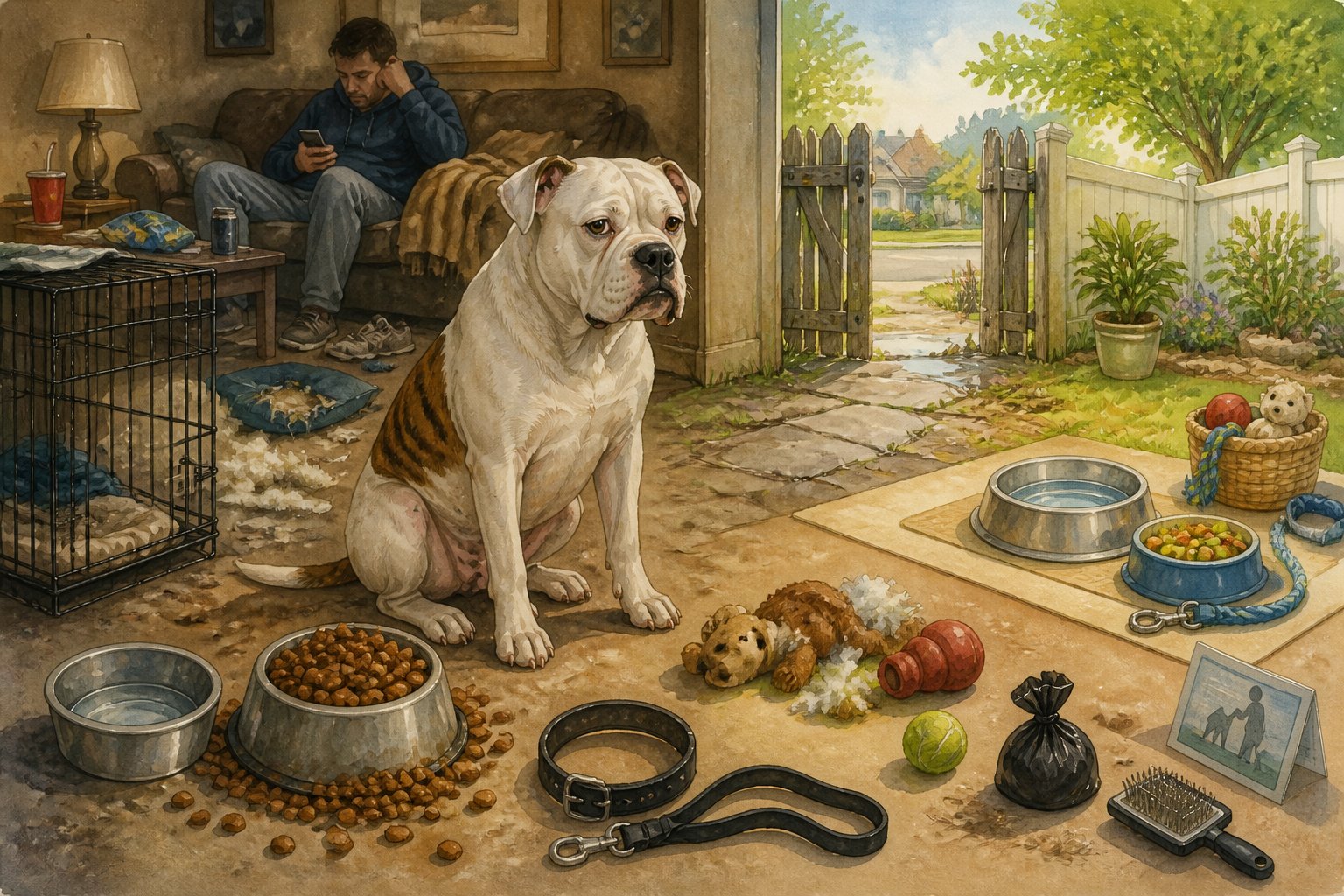 An American Bulldog sits in a cluttered home and yard surrounded by signs of inadequate care, while a distracted owner sits nearby.