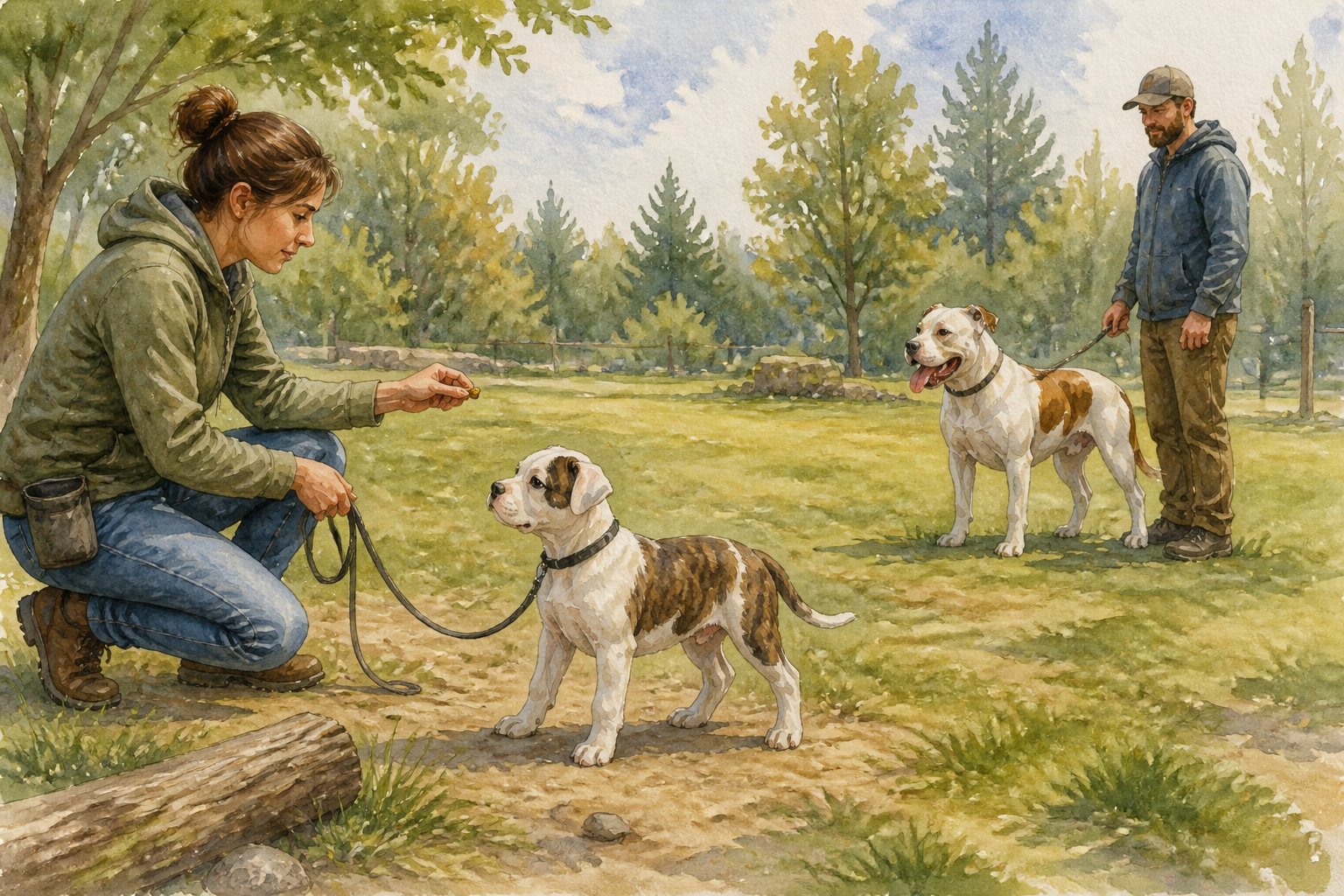 An owner calmly introduces an American Bulldog puppy to another dog from a safe distance in a park.