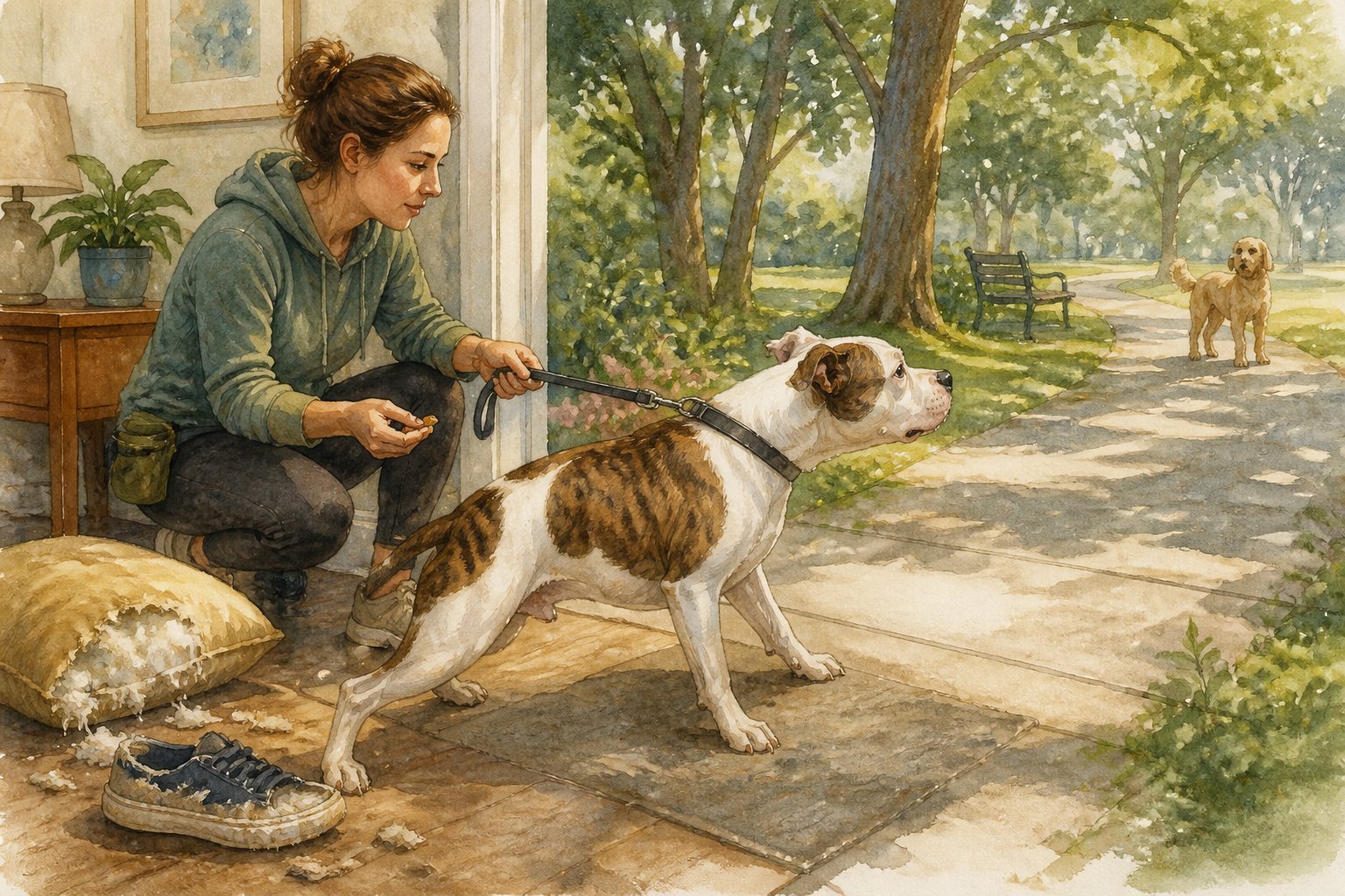An owner calmly redirects a tense American Bulldog on a leash near a chewed shoe and cushion.