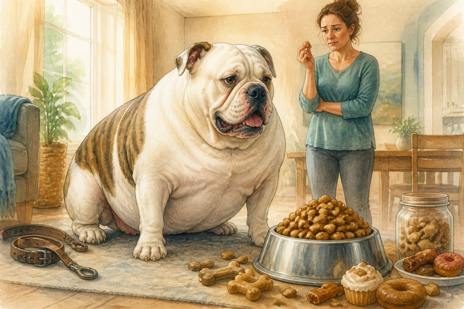 An overweight American Bulldog stands beside an overflowing food bowl and treats while a concerned owner looks on.