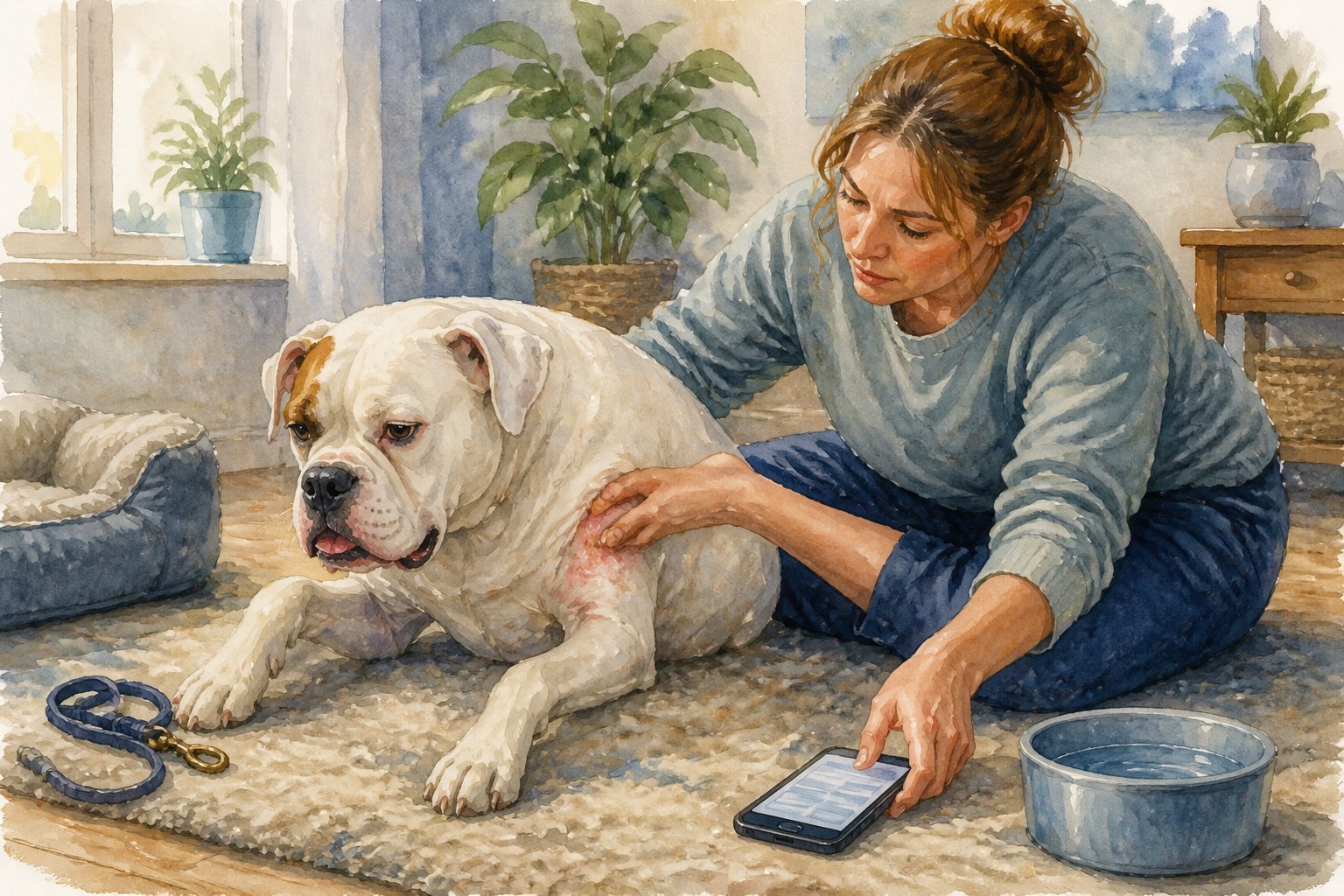 An owner gently examines an American Bulldog showing mild signs of breathing discomfort, joint pain, and skin irritation.