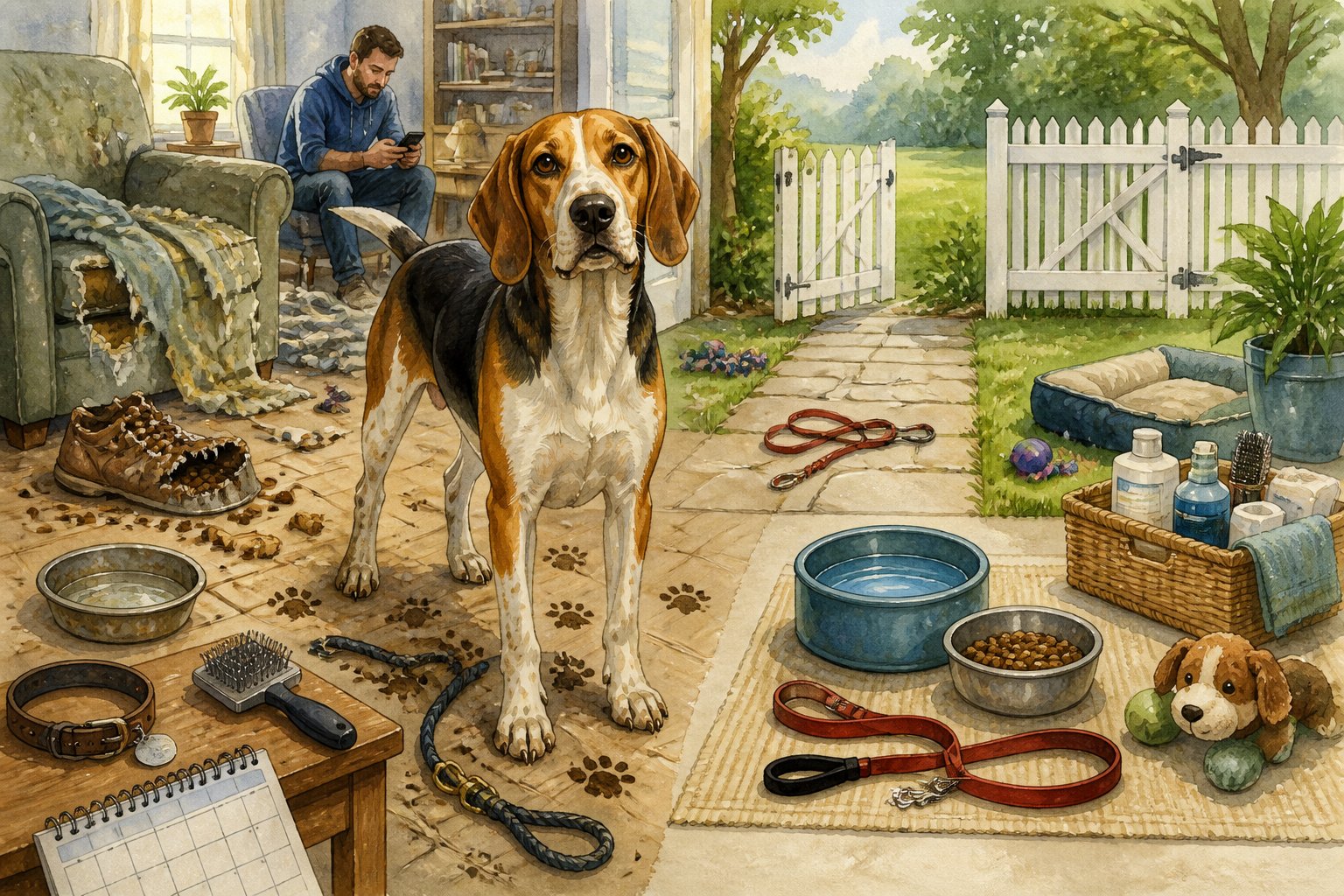 A tri-color American Foxhound sits amid household and outdoor items symbolizing common care mistakes, including an open gate, spilled food, an empty water bowl, clutter, and an unused leash.