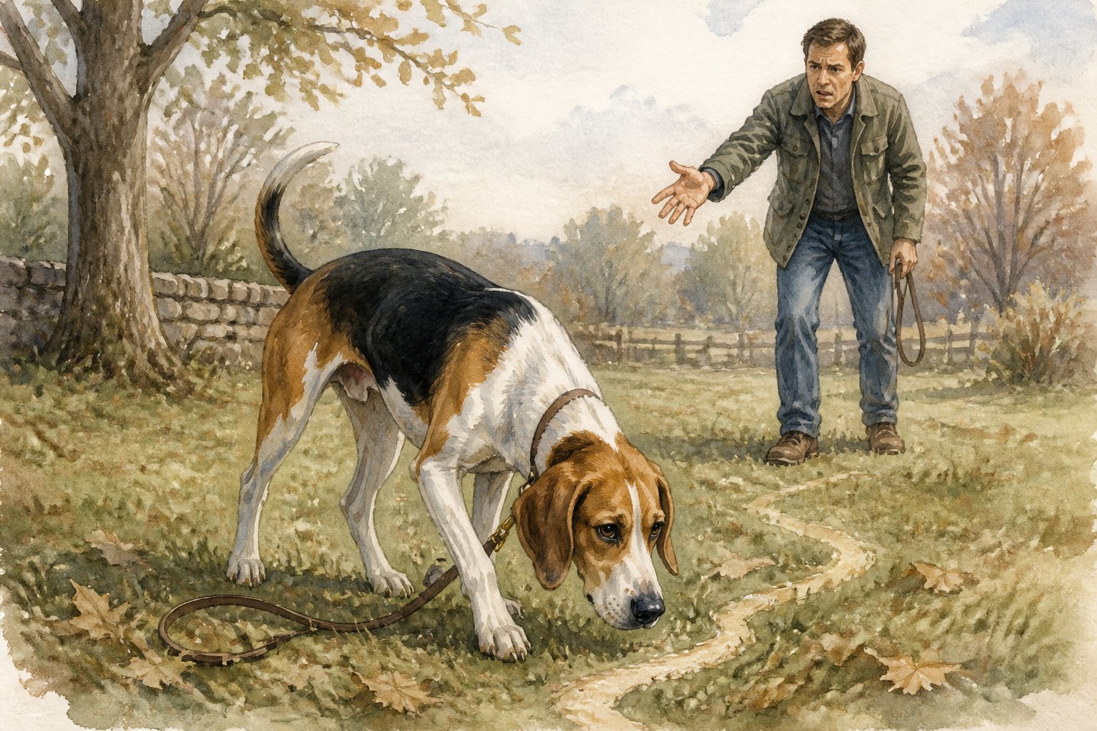 An American Foxhound follows a scent trail while a frustrated owner tries to redirect the focused dog.