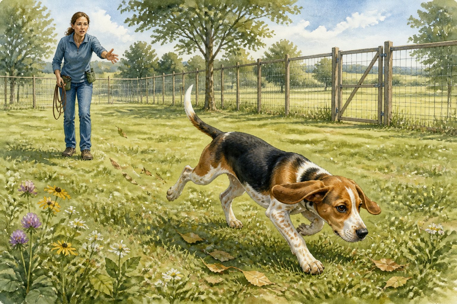 An American Foxhound puppy runs away from its owner inside a fenced grassy training area.