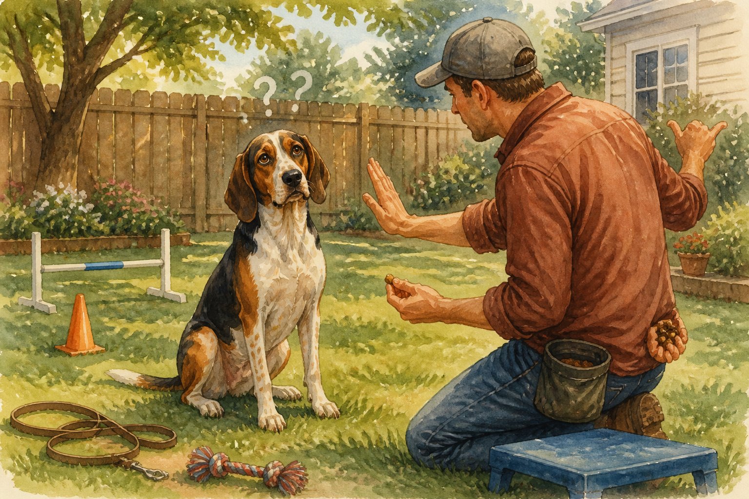An American Foxhound looks confused while its owner gives mixed training signals in a backyard.