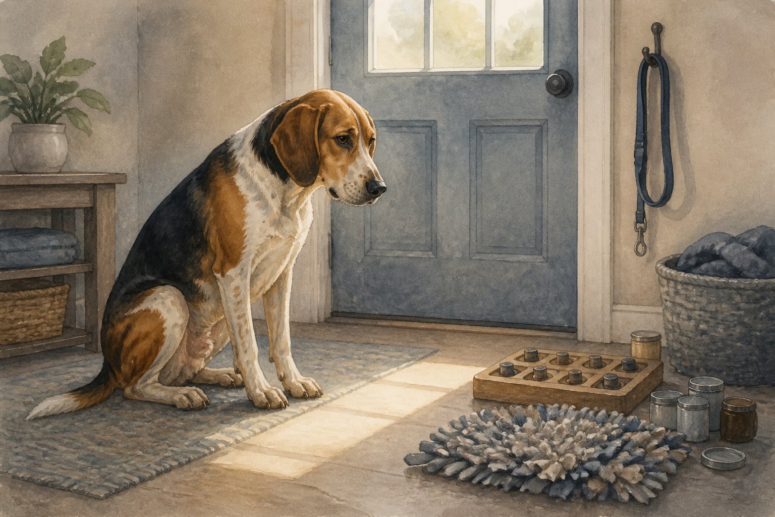 A bored American Foxhound sits beside unused enrichment toys and scent-work supplies in a quiet room.