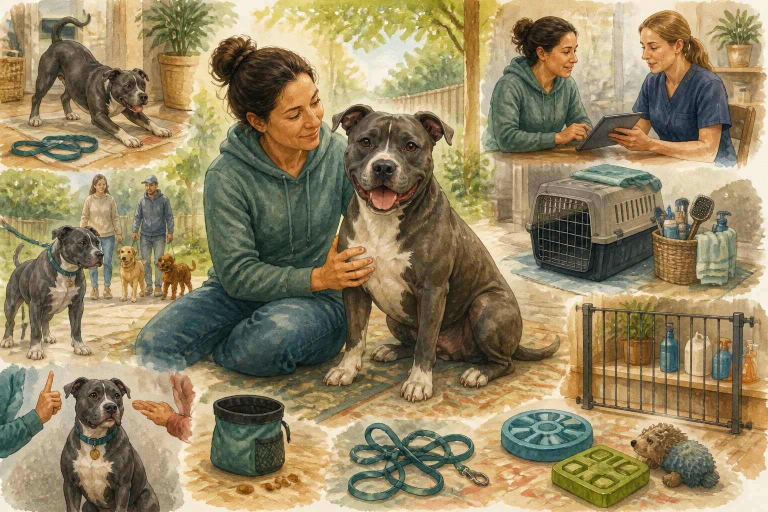 A calm American Staffordshire Terrier sits beside its attentive owner in a home-and-park setting surrounded by safe-care items and training cues.