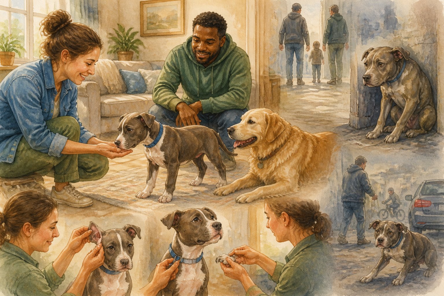An American Staffordshire Terrier puppy calmly meets a visitor, another dog, and a caring owner during gentle handling.