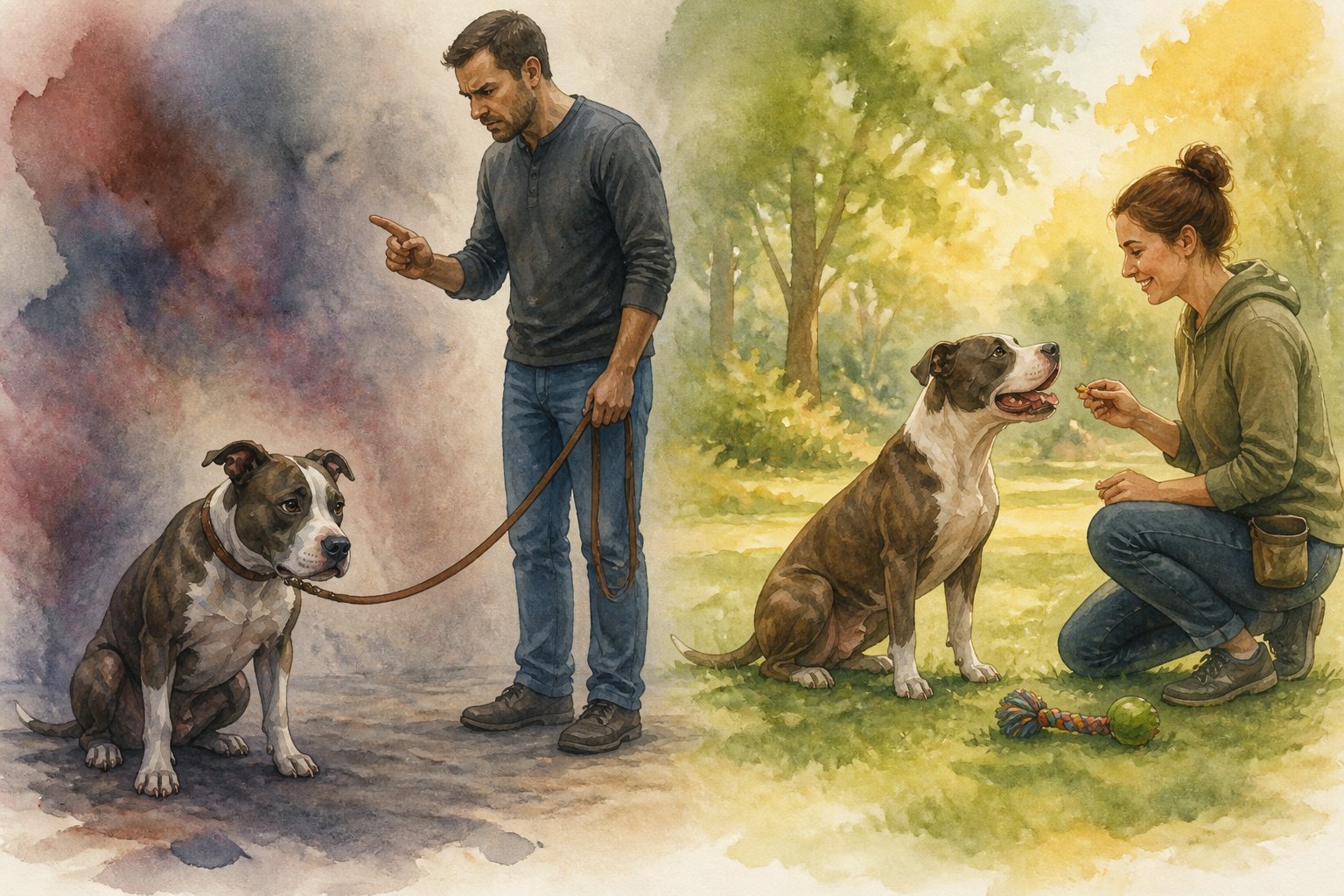 A worried American Staffordshire Terrier sits near a frustrated owner while a calmer reward-based training interaction appears in the background.