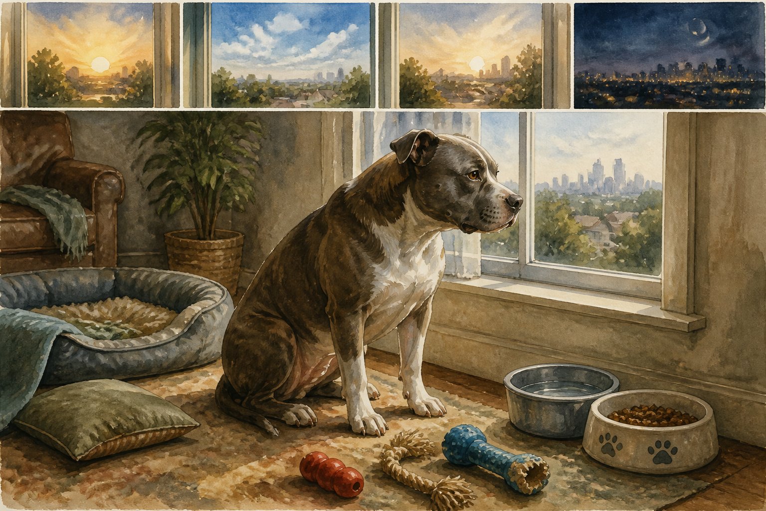 An American Staffordshire Terrier sits alone beside a window in a quiet home, with toys and food bowls nearby.