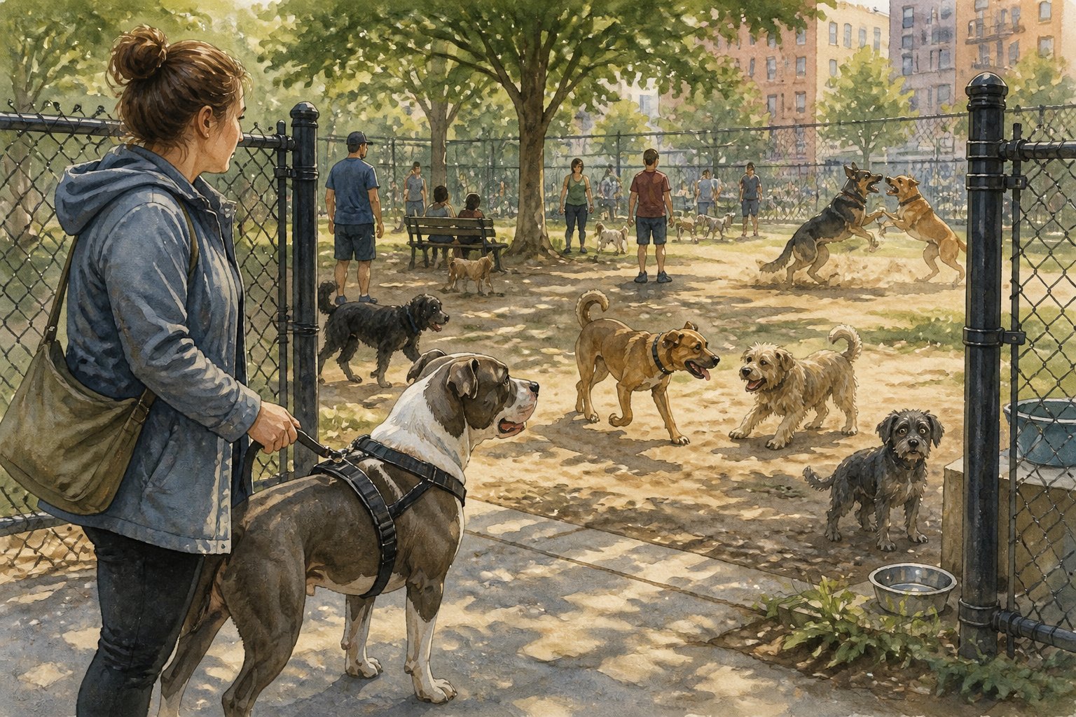 An American Staffordshire Terrier and its owner assess a crowded dog park before entering.