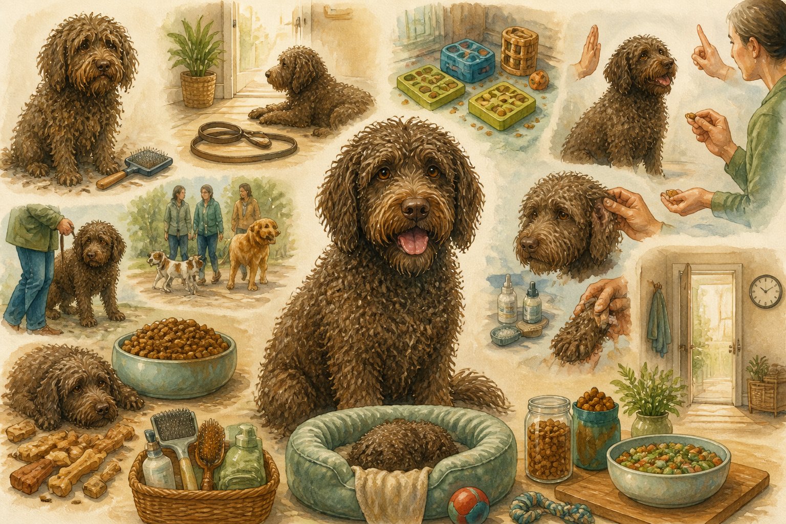 A curly-coated Barbet dog surrounded by grooming tools, toys, treats, and other signs of common care challenges.